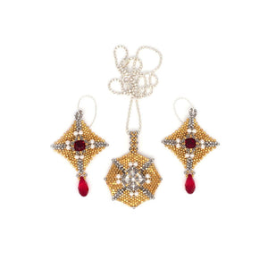 Lady Grey Beads Earrings Armored Goddess, Royal Red: Statement Bead Woven Earrings & Pendant II