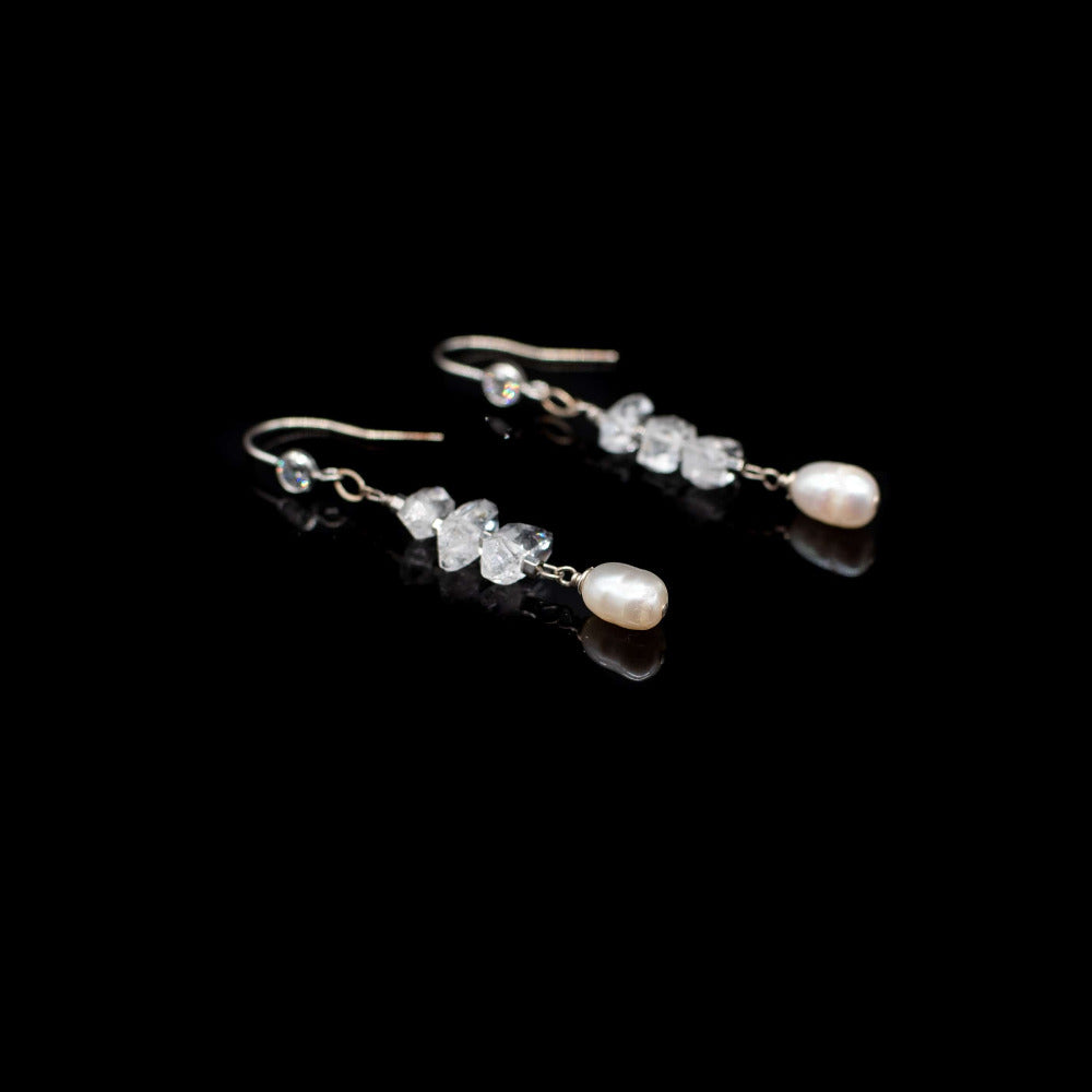 Lady Grey Beads Earrings Herkimer Diamonds and Pearls: Statement Earrings