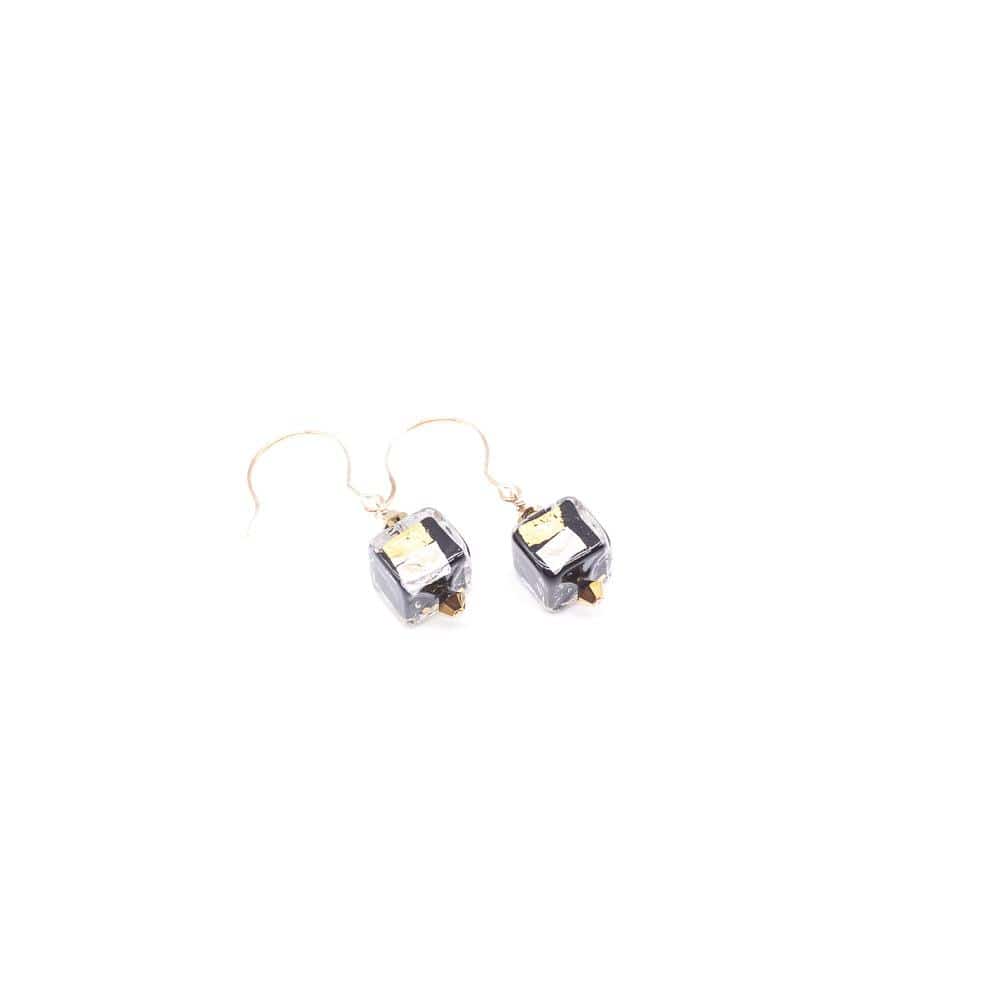 Lady Grey Beads Earrings Touch of Gold & Silver on Black: Venetian Glass Statement Earrings