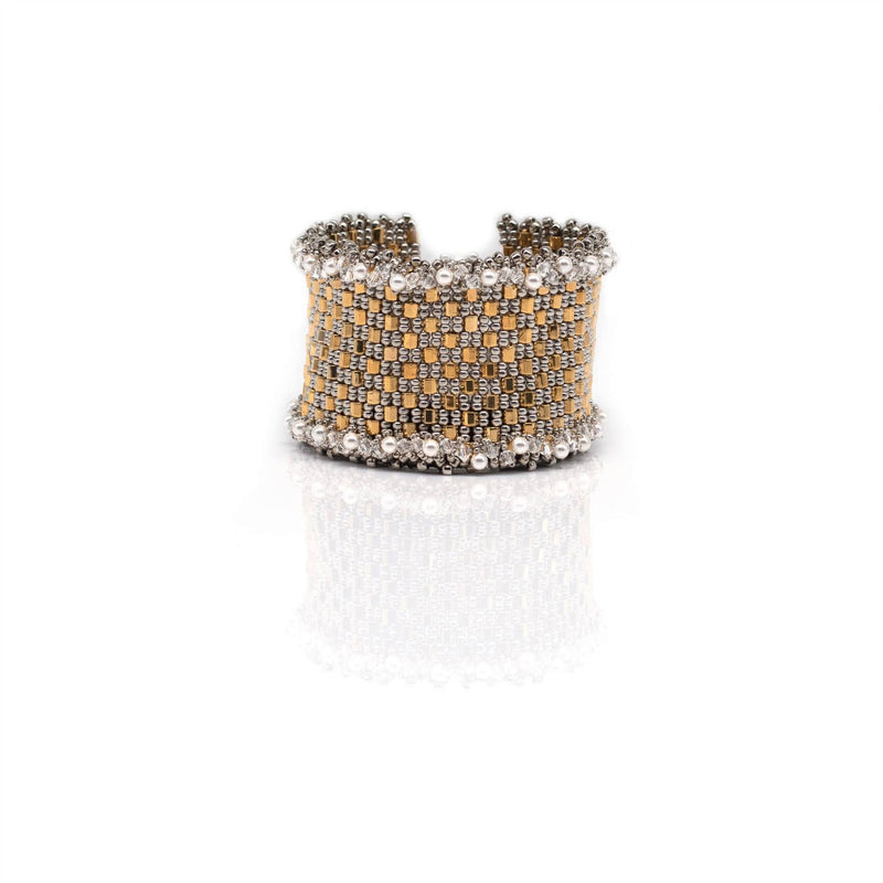 Lady Grey Beads Bracelet The Outlier, 24 kt Gold Plated & Silver Platinum, Pearls & Clear Swarovski Crystal: Statement Bead Woven Bracelet by Lady Grey Beads