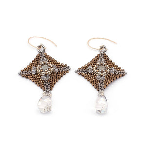Lady Grey Beads Earrings Armored Goddess, Bronze, Silver & Clear Swarovski Crystal: Statement Bead Woven Earrings