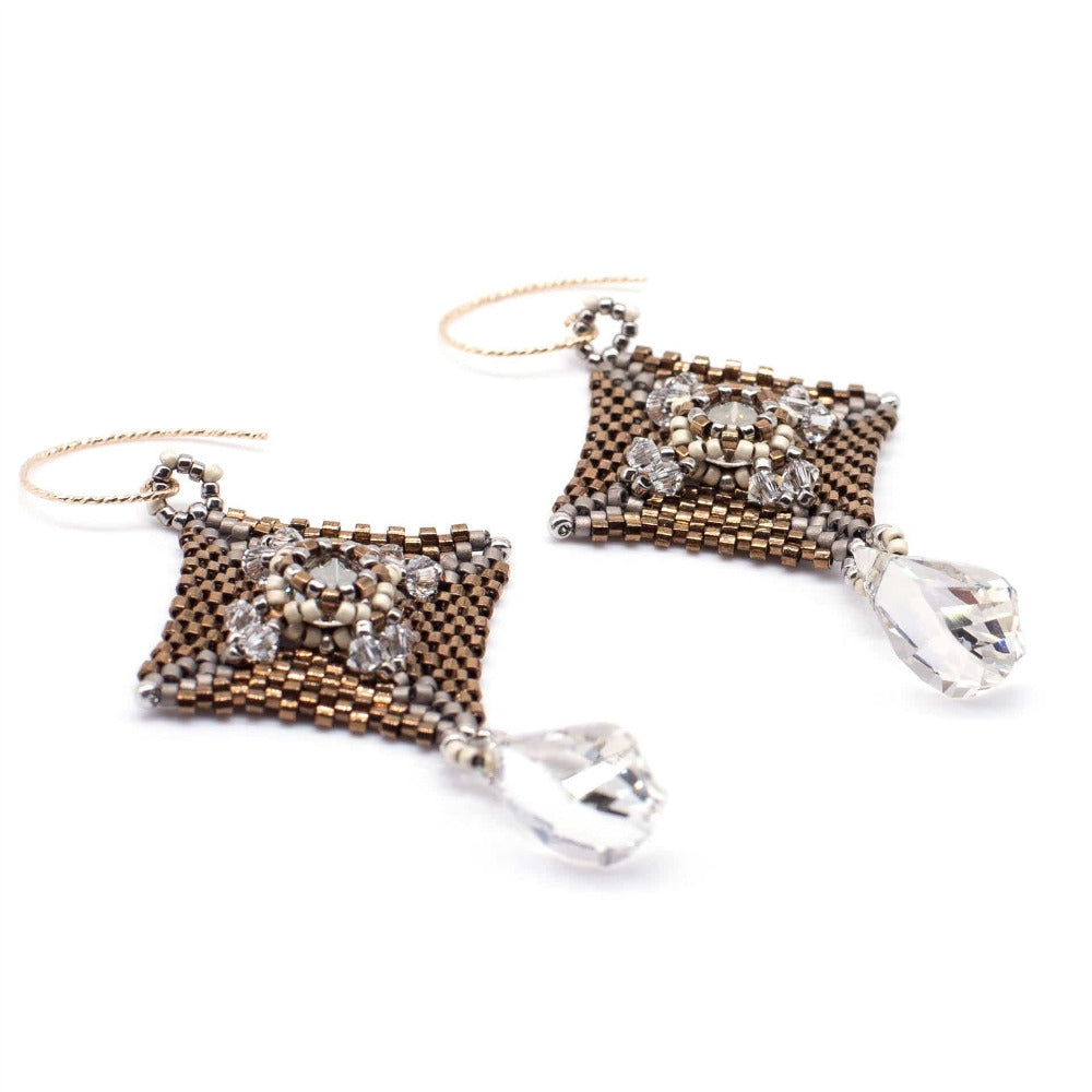 Lady Grey Beads Earrings Armored Goddess, Bronze, Silver & Clear Swarovski Crystal: Statement Bead Woven Earrings