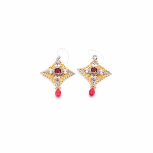 Lady Grey Beads Earrings Armored Goddess, Gold, Silver & Red Crystal: Statement Bead Woven Earrings