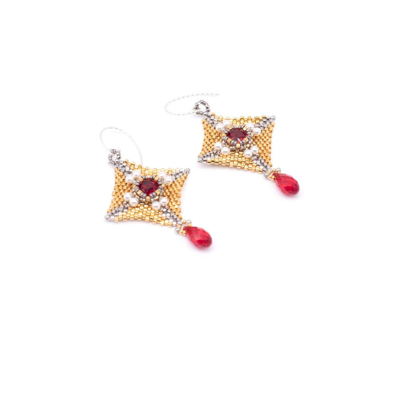 Lady Grey Beads Earrings Armored Goddess, Gold, Silver & Red Crystal: Statement Bead Woven Earrings