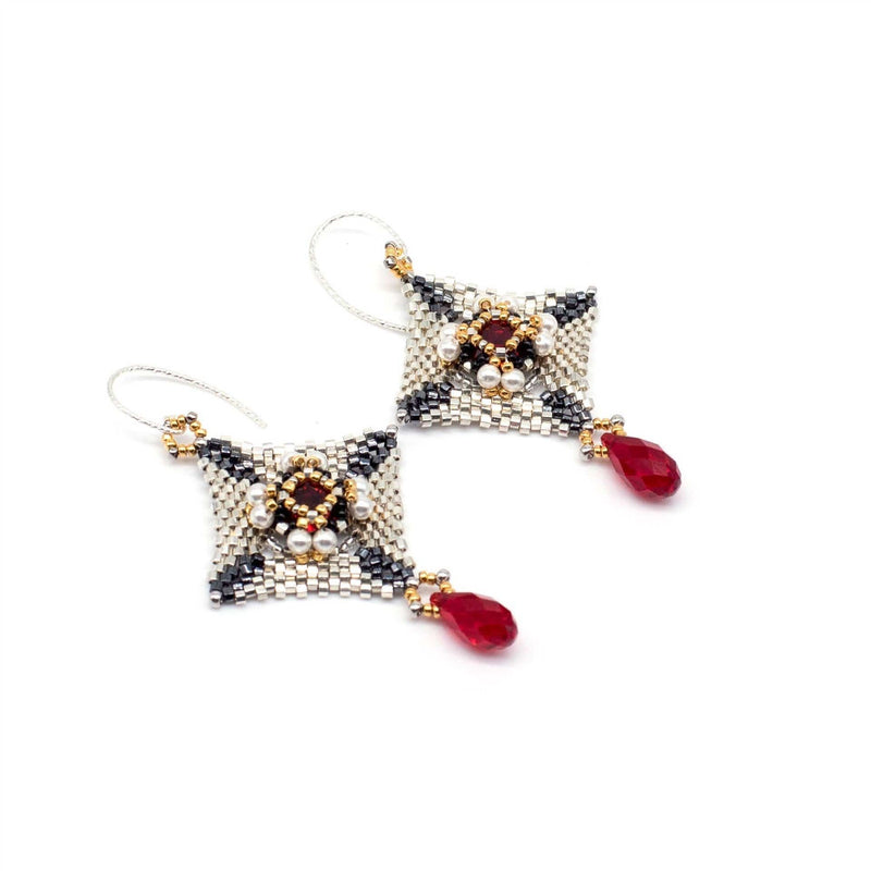 Lady Grey Beads Earrings Armored Goddess, Silver, Black & Red Crystal: Statement Bead Woven Earrings