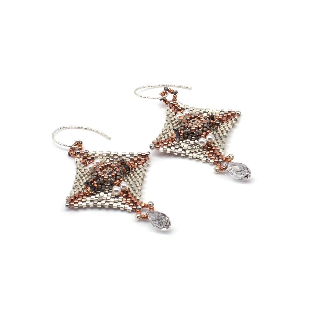 Lady Grey Beads Earrings Armored Goddess Silver, Copper & Clear Swarovski Crystal: Statement Bead Woven Earrings