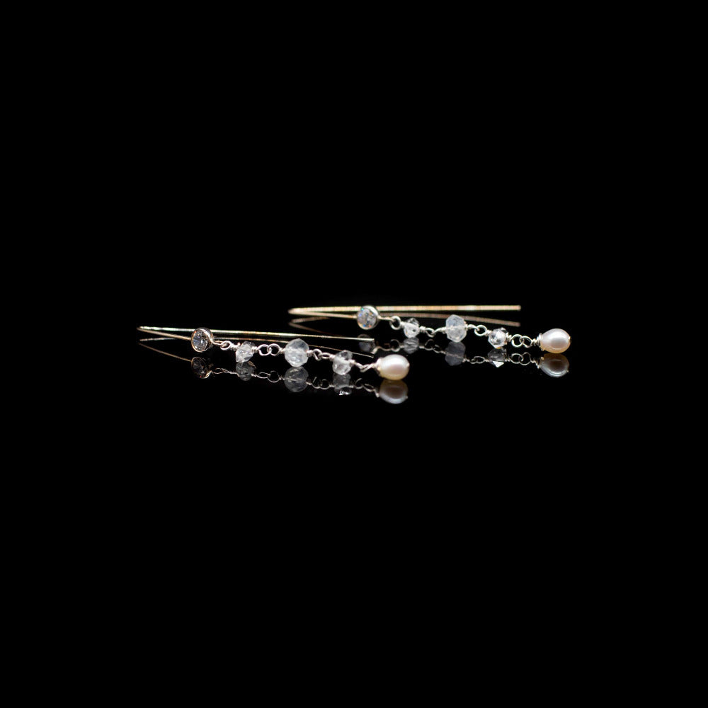 Lady Grey Beads Earrings Herkimer Diamonds, Moonstone and Pearls: Statement Earrings