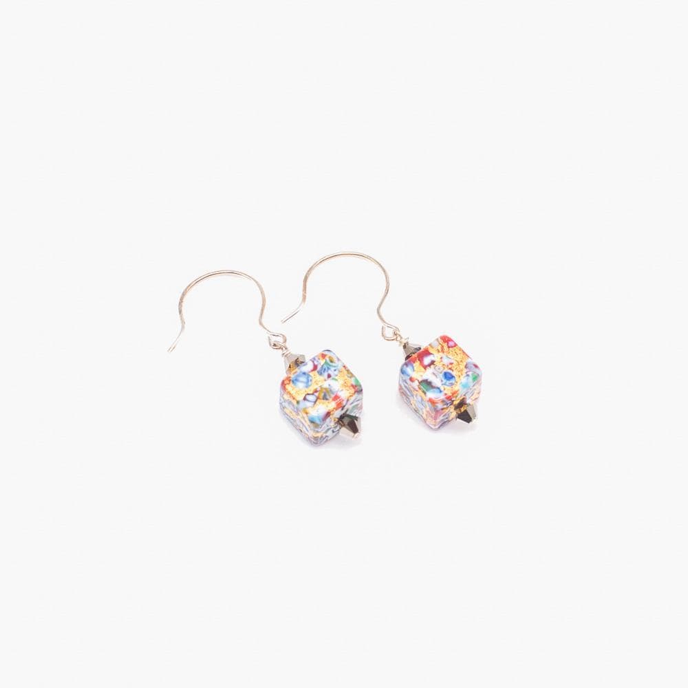 Lady Grey Beads Earrings Klimtesque Silver Swirl Cube: Venetian Glass Statement Earrings