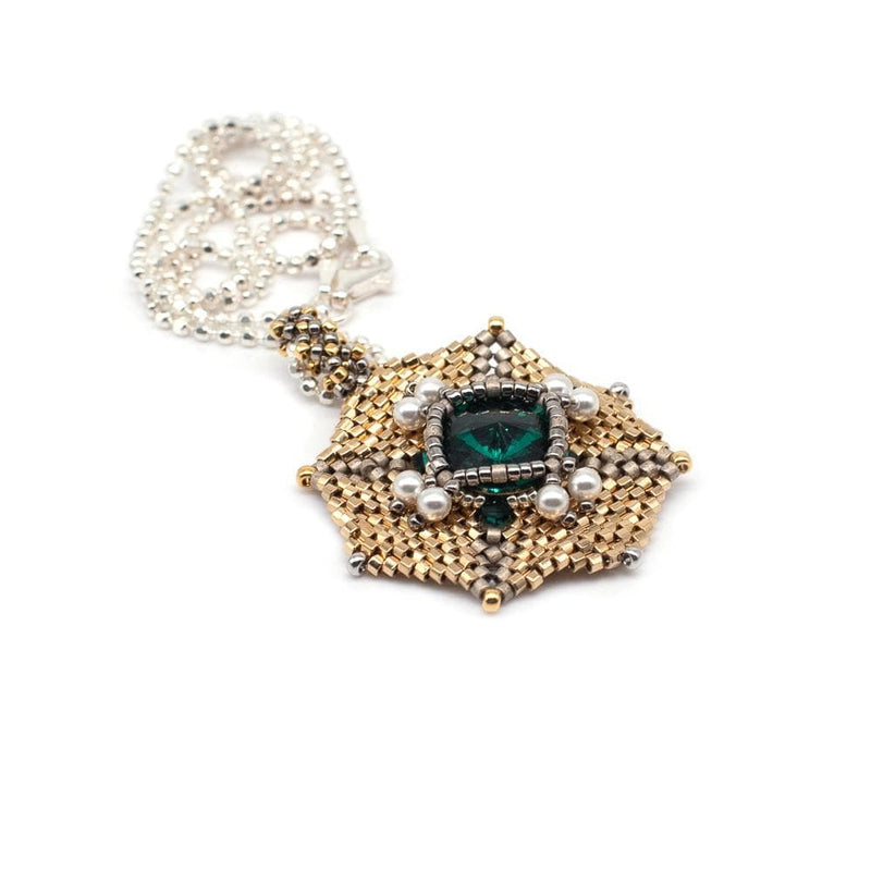 Lady Grey Beads Necklace Armored Goddess, 18kt Gold, Silver & Emerald Swarovski Crystal Pendant: Statement Bead Woven Necklace