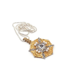 Lady Grey Beads Necklace Armored Goddess, 24 kt Yellow & White Gold Pendant: Statement Bead Woven Necklace