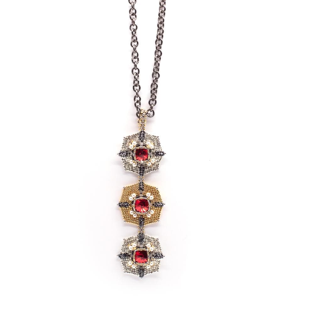 Lady Grey Beads Necklace Armored Goddess, 24kt Gold, Silver, Black & Red Swarovski Crystal Pendant: Statement Bead Woven Pendant Necklace