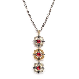 Lady Grey Beads Necklace Armored Goddess, 24kt Gold, Silver, Black & Red Swarovski Crystal Pendant: Statement Bead Woven Pendant Necklace