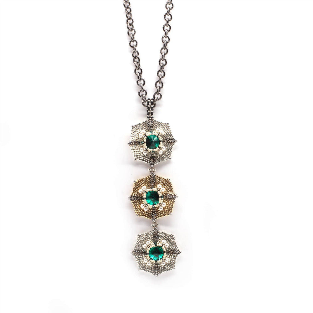 Lady Grey Beads Necklace Armored Goddess, Silver, Black, 18 Kt Gold  & Emerald Green Crystal Pendant: Statement Bead Woven Necklace