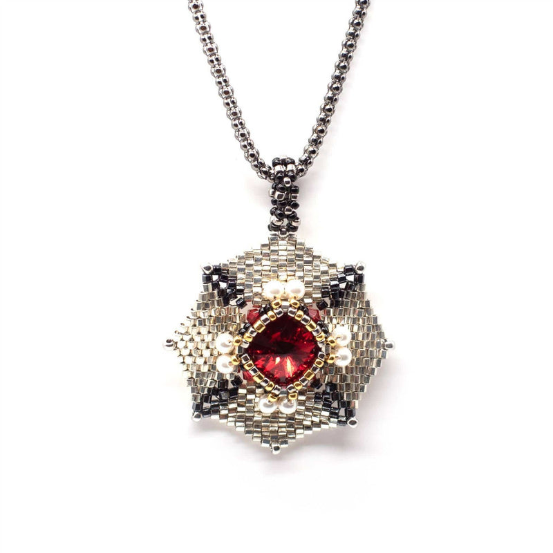 Lady Grey Beads Necklace Armored Goddess, Silver, Black & Red Swarovski Crystal Pendant: Statement Bead Woven Necklace