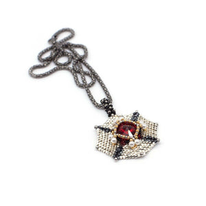 Lady Grey Beads Necklace Armored Goddess, Silver, Black & Red Swarovski Crystal Pendant: Statement Bead Woven Necklace