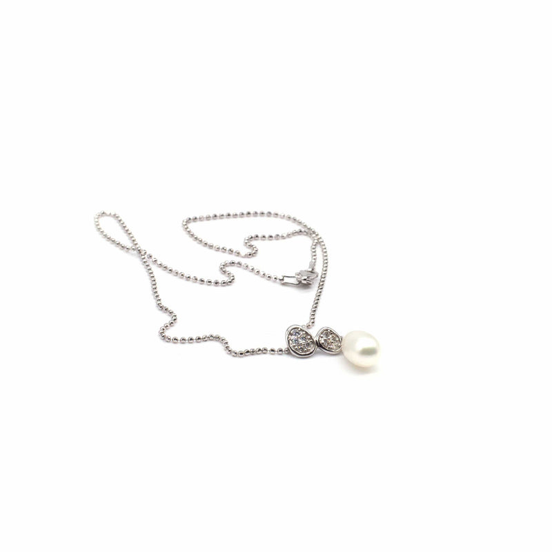Lady Grey Beads Necklace White Freshwater Pearl Pendant and Fancy Italian Silver Chain Necklace